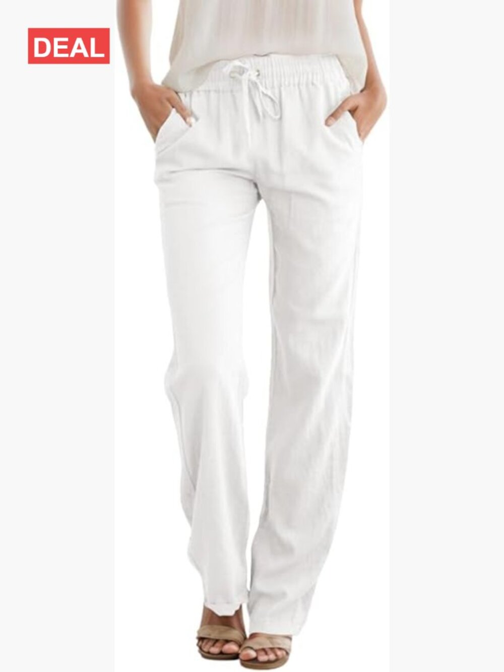 High Waist Casual Linen Trousers Drawstring Straight Leg Lounge Pockets
